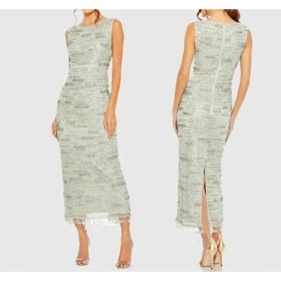 Mac Duggal Dresses & Skirts - NWT Mac Duggal  Crystal & Beaded Fringe Midi Dress Sage Green Sz 6 Beaded Fringe